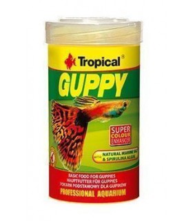 Alimento en escamas para guppys de Tropical, con sal marina.