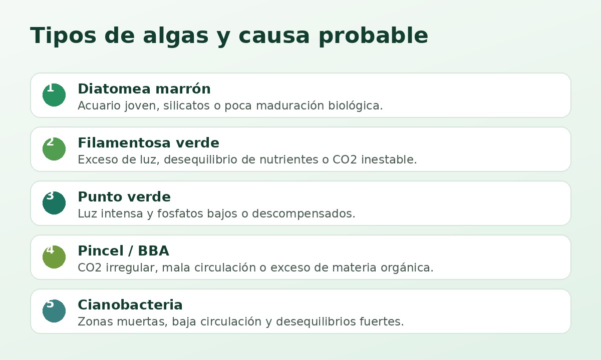 Infografía de tipos de algas en acuario y causas probables